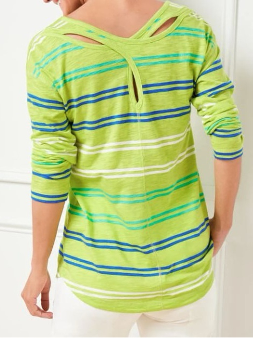 T By Talbots Women 2X Green Striped Cotton Blend 3/4 Sleeves Cross Back Top - Picture 1 of 11